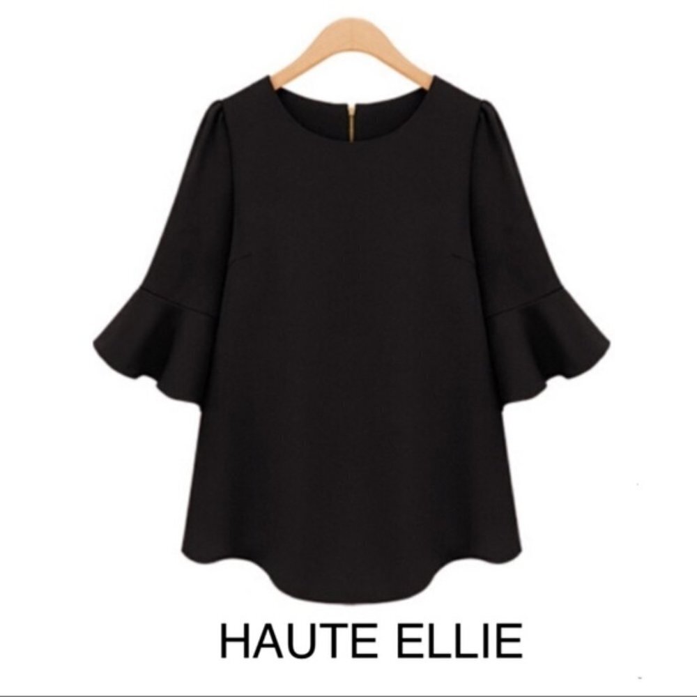 Haute Ellie Womens XL Black Flounce Sleeve Zipper Back Blouse Business Casual